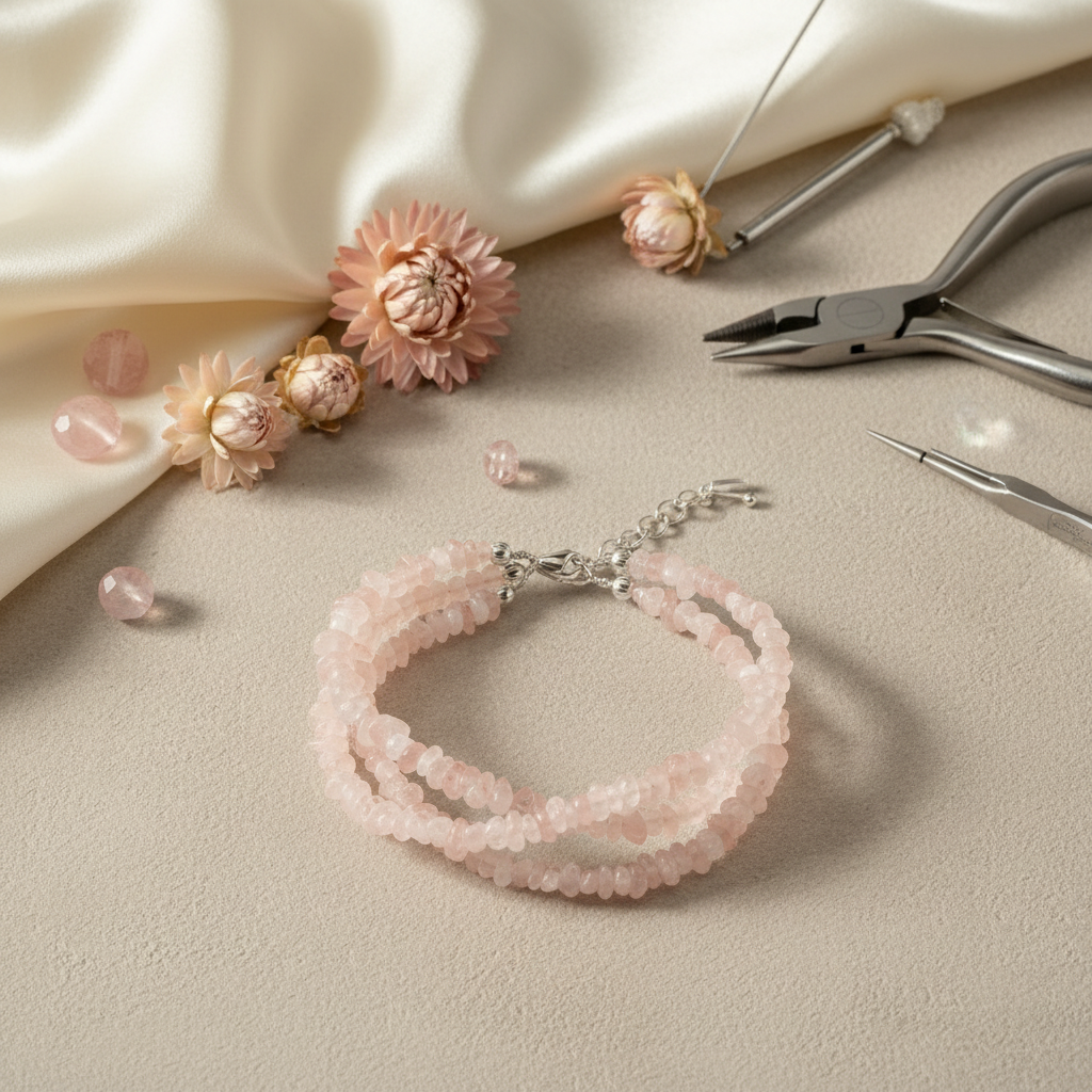 Pink beaded bracelet on a beige surface with flowers and pliers.