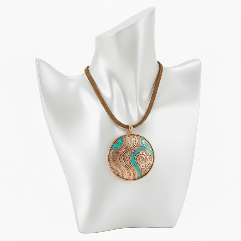 Necklace with a circular pendant on a white stand against a white background