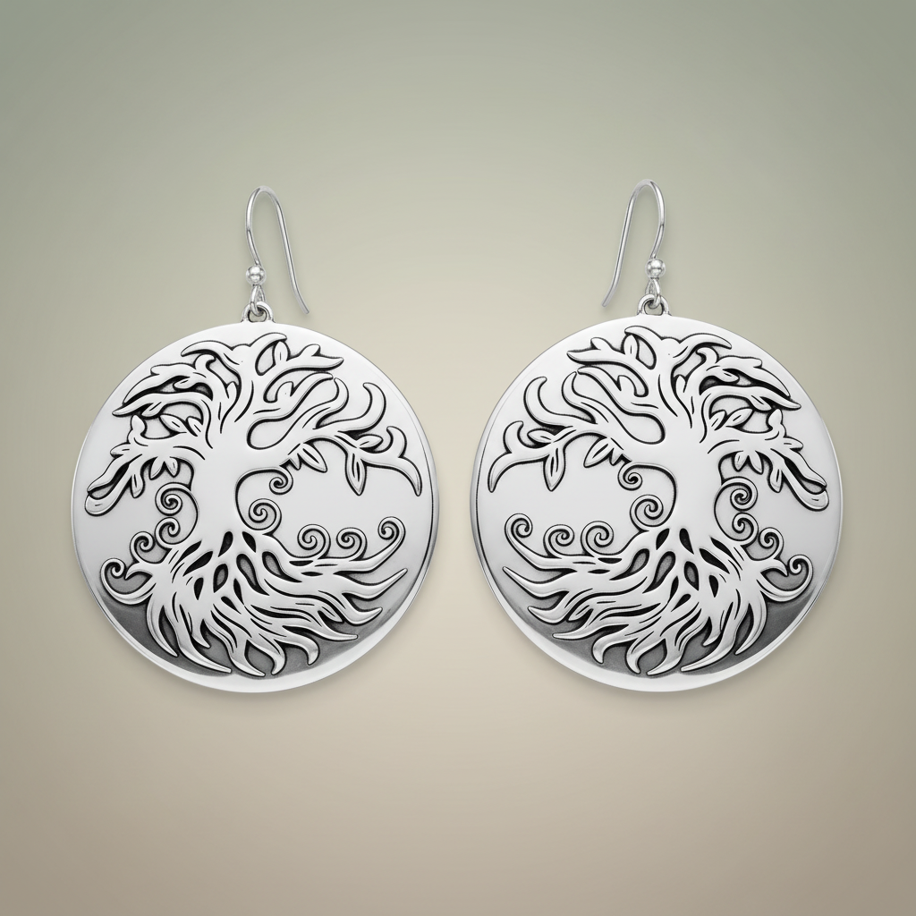 Pair of silver earrings with intricate tree design on a white background