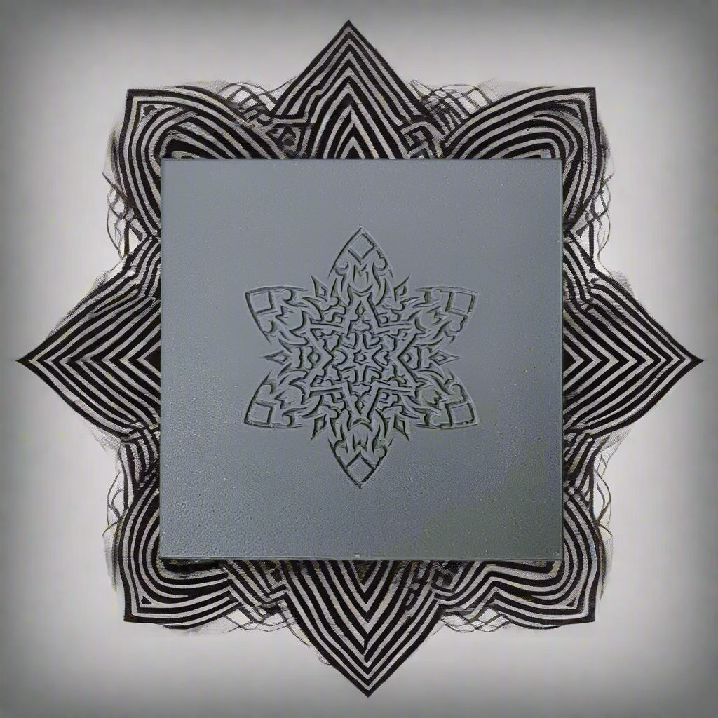 A square grey rubber tile featuring an embossed geometric star motif, centred over a larger black-and-white striped starburst design on a light grey background.