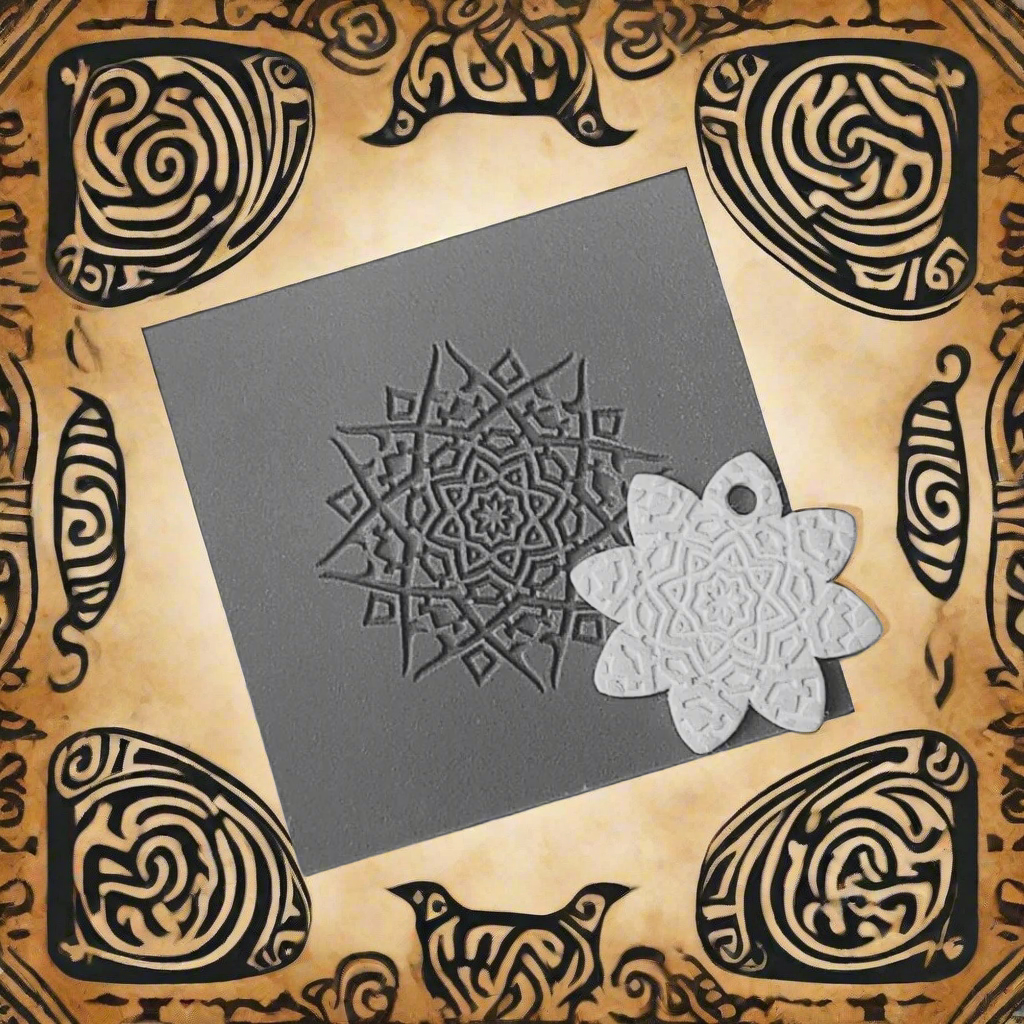 A grey square  stamp with an embossed geometric mandala design, shown with a white flower-shaped cut out piece on top, set against a tan background with black ornamental motifs.