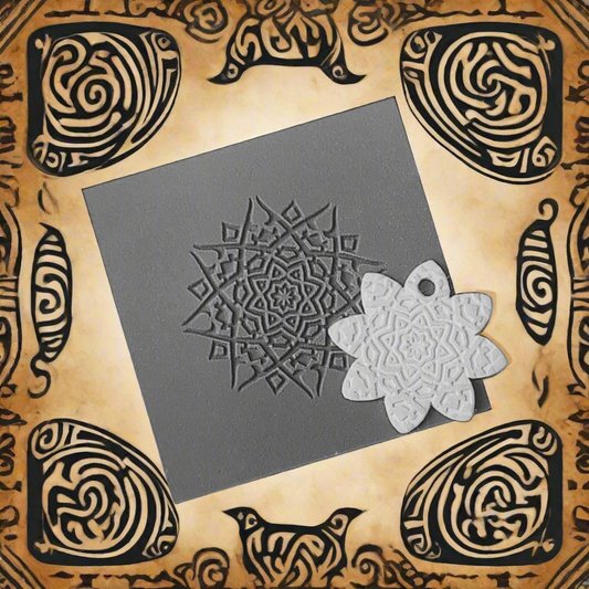 A grey square  stamp with an embossed geometric mandala design, shown with a white flower-shaped cut out piece on top, set against a tan background with black ornamental motifs.