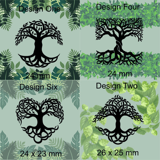 Four tree designs with dimensions on a green leafy background