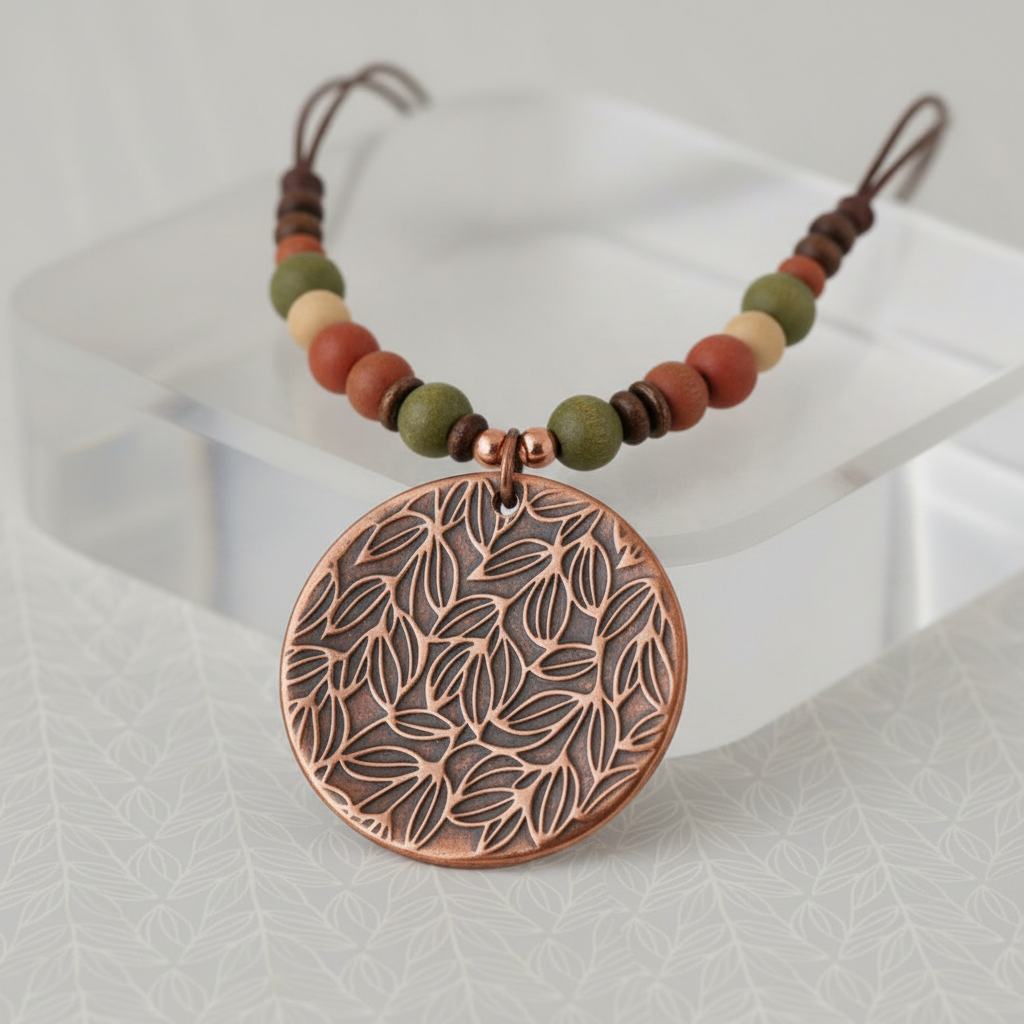 A round copper pendant necklace with an engraved leaf pattern, hanging from a beaded cord with brown, green, and beige wooden beads, displayed on a clear acrylic stand.