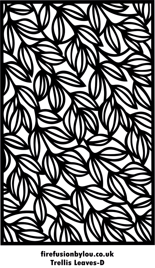 Black trellis leaf pattern on a white background, with a thin black border and small text at the bottom reading firefusionbylou.co.uk