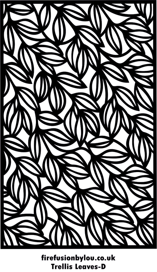 Black trellis leaf pattern on a white background, with a thin black border and small text at the bottom reading firefusionbylou.co.uk