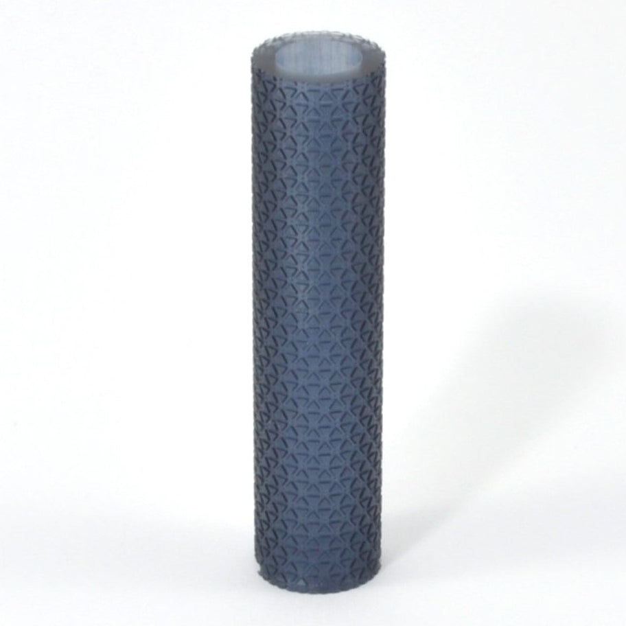 A blue textured roller for metal clay or polymer clay, with an ergonomic design to fit under four fingers.