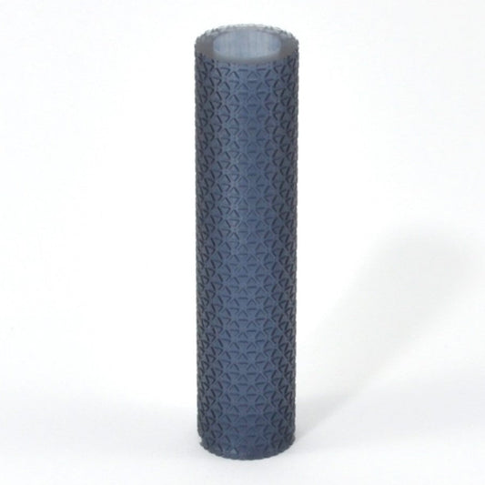 A blue textured roller for metal clay or polymer clay, with an ergonomic design to fit under four fingers.