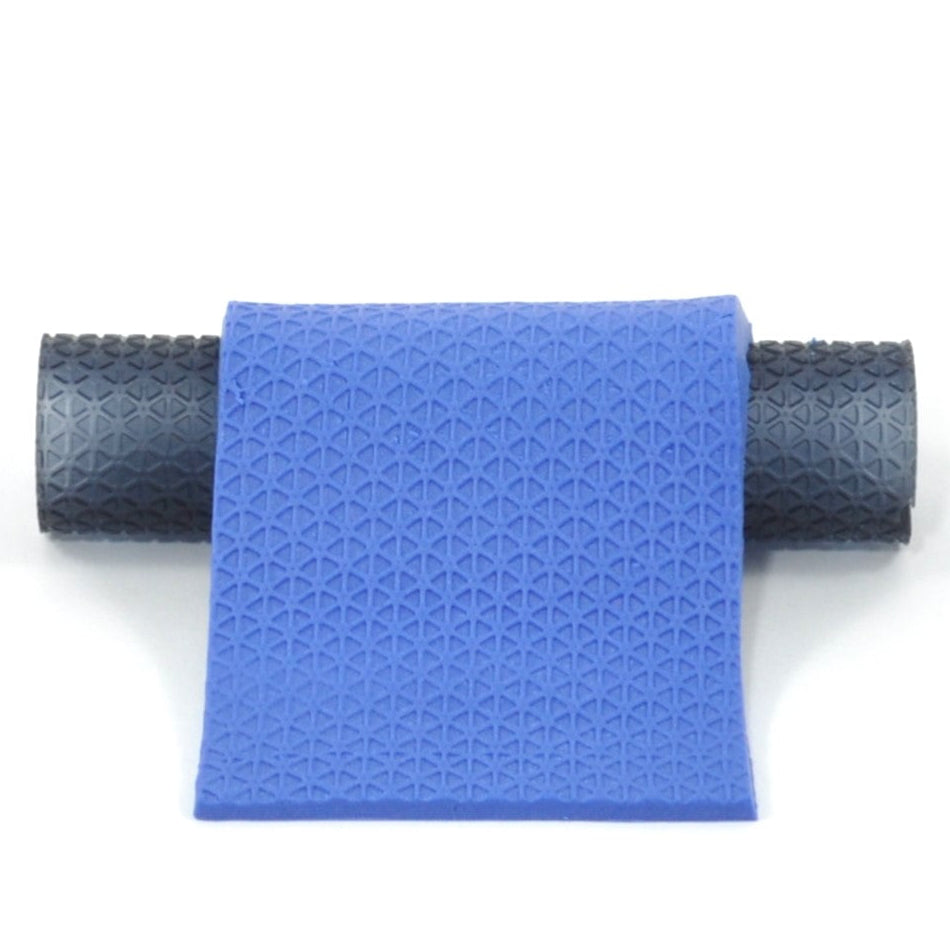 Blue textured triangles on a white background