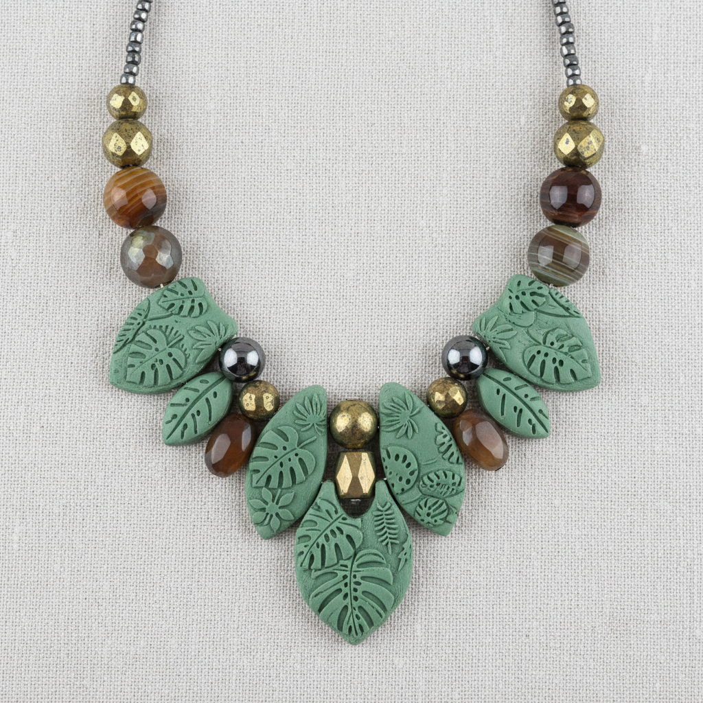 Necklace with green leaf-shaped pendants and brown beads on a light gray background