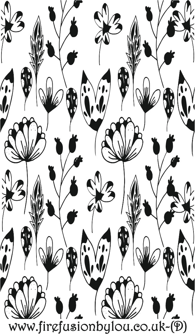 A debossed texture mat of flowers. This picture shows the texture mat pattern in black and white for use on metal clay or polymer clay.