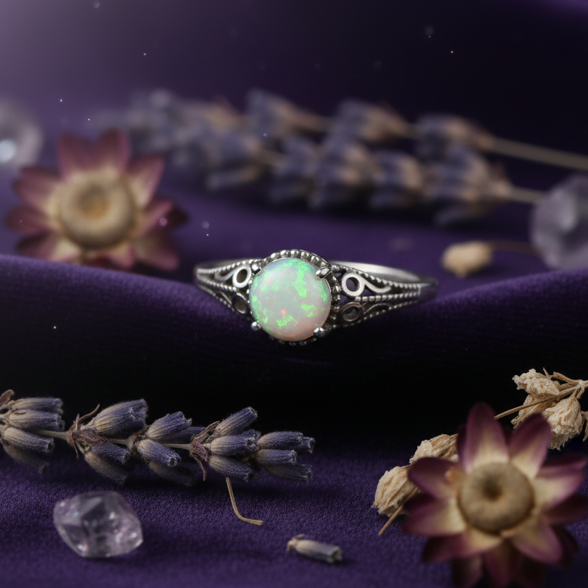 Silver ring with a green opal on a purple surface with flowers and crystals