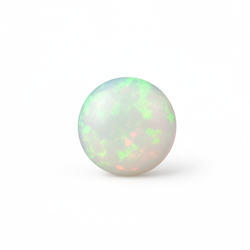 A single round white opal gemstone with iridescent green and pink flashes, centered on a clean white background.