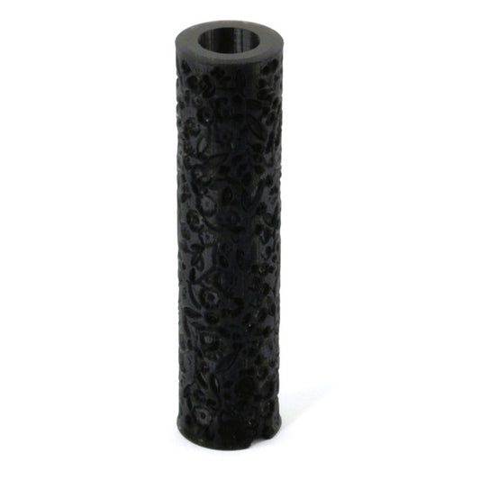 A black textured roller for metal clay or polymer clay with an ergonomic design, featuring a floral pattern on the surface.