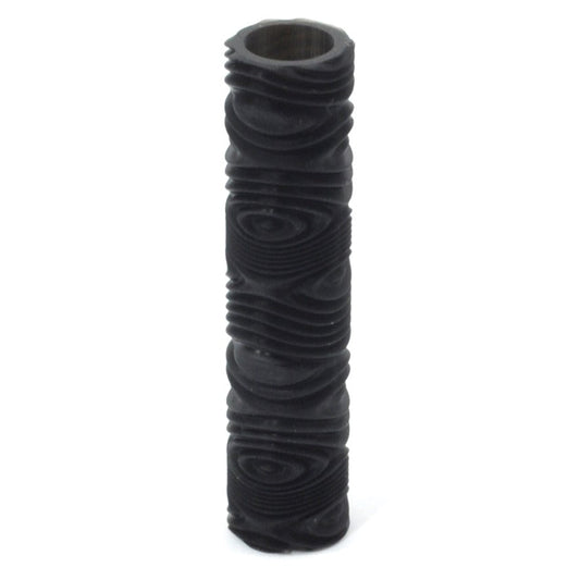 A black textured roller for metal clay or polymer clay, with an ergonomic design to fit under four fingers.