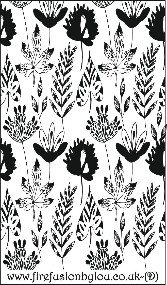 A debossed texture mat of flowers. This picture shows the texture mat pattern in black and white for use on metal clay or polymer clay.