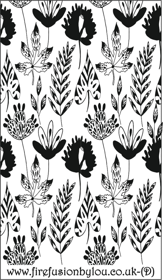 A debossed texture mat of flowers. This picture shows the texture mat pattern in black and white for use on metal clay or polymer clay.